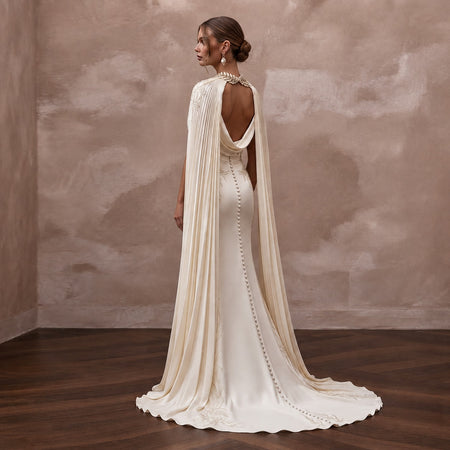 Draped Cream Liquid Satin A - Line Bridal Gown for Grecian - Themed Rehearsal - Apparel & Accessories > Clothing > Wedding & Bridal Party Dresses > Wedding Dresses - Mignonette Bridal