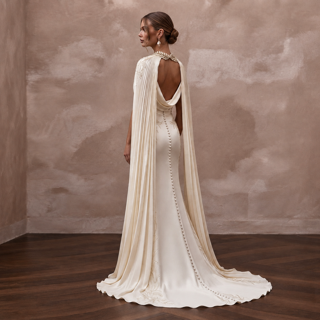 Draped Cream Liquid Satin A-Line Bridal Gown for Grecian-Themed Rehearsal