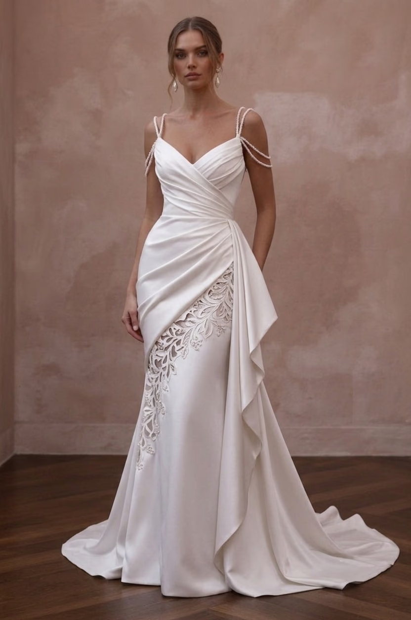 Draped Satin Wedding Dresses with Graceful Silhouettes - Apparel & Accessories > Clothing > Wedding & Bridal Party Dresses > Wedding Dresses - Mignonette