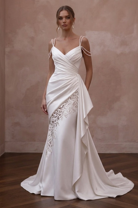 Draped Satin Wedding Dresses with Graceful Silhouettes - Apparel & Accessories > Clothing > Wedding & Bridal Party Dresses > Wedding Dresses - Mignonette