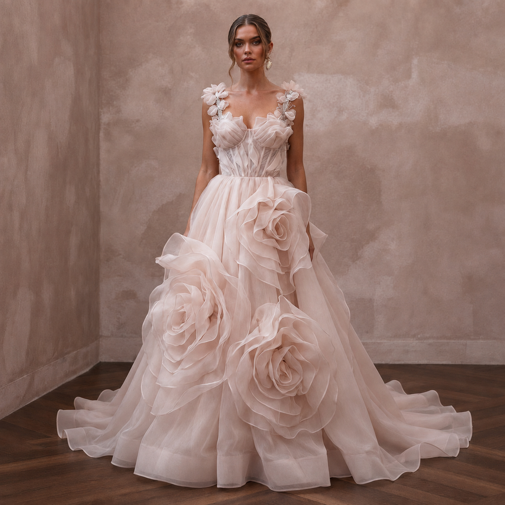 Dreamy Blush Organza Ball Gown Wedding Dress for Bridal Shower