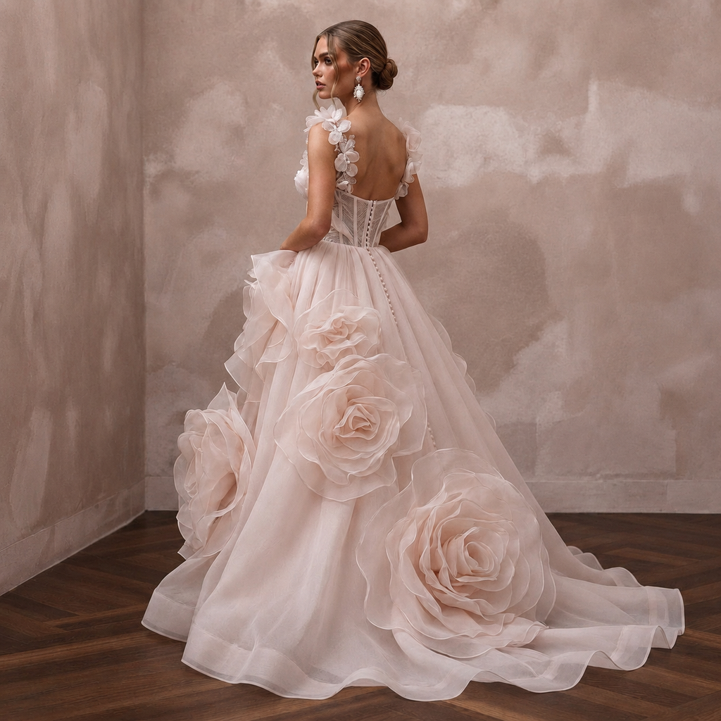 Dreamy Blush Organza Ball Gown Wedding Dress for Bridal Shower