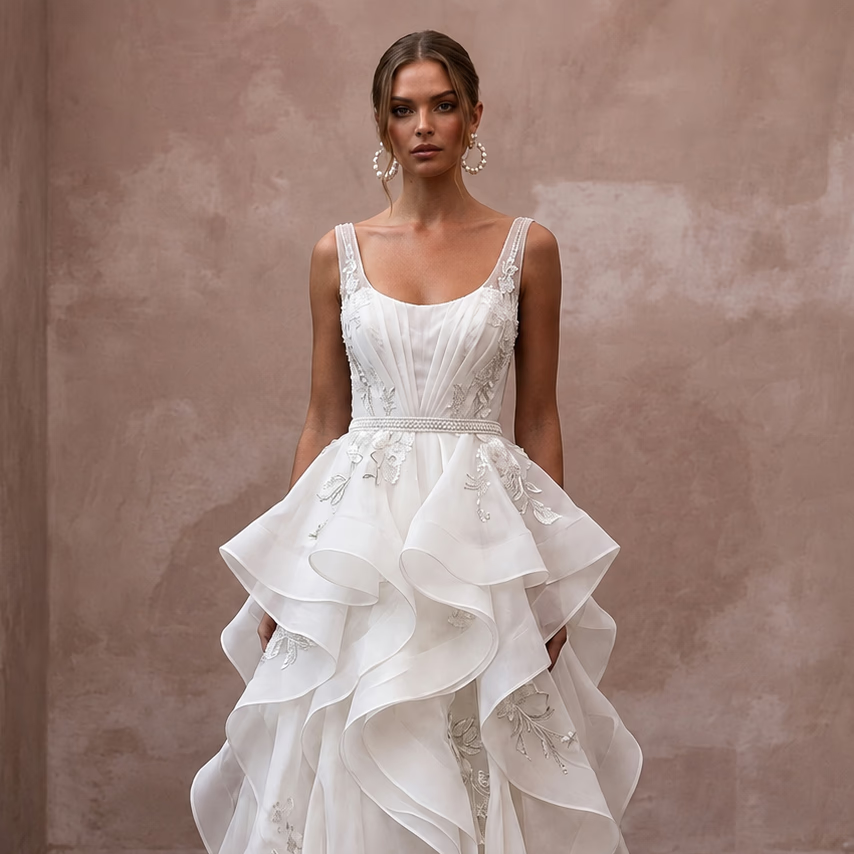 Dreamy Ivory Ruffled Organza Gown for Rehearsal Dinner Dance - Apparel & Accessories > Clothing > Wedding & Bridal Party Dresses > Wedding Dresses - Mignonette Bridal