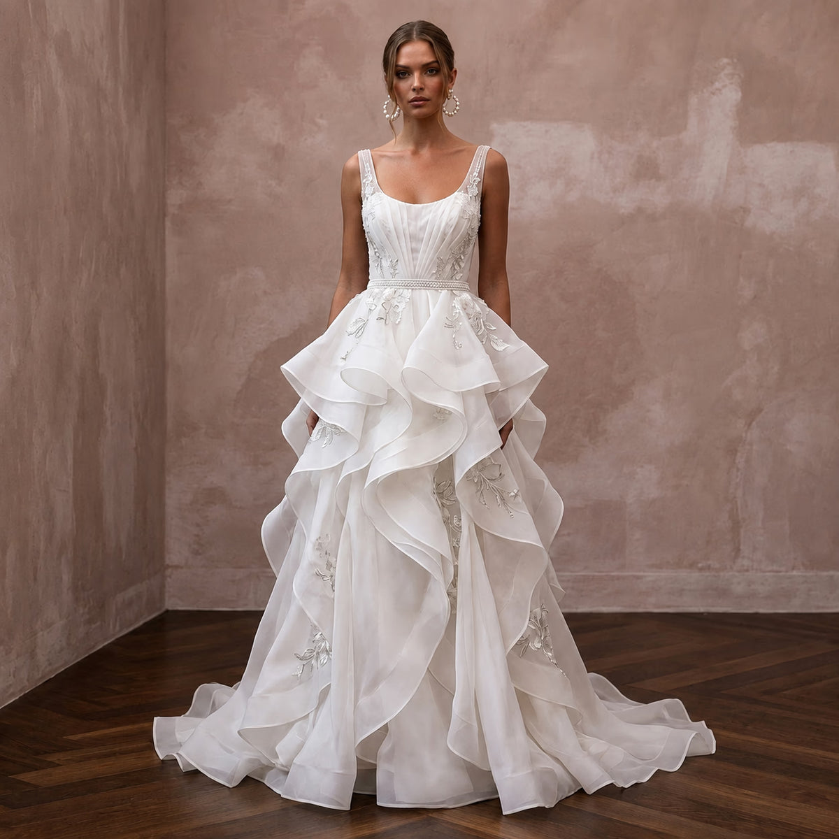 Dreamy Ivory Ruffled Organza Gown for Rehearsal Dinner Dance - Apparel & Accessories > Clothing > Wedding & Bridal Party Dresses > Wedding Dresses - Mignonette Bridal Main image