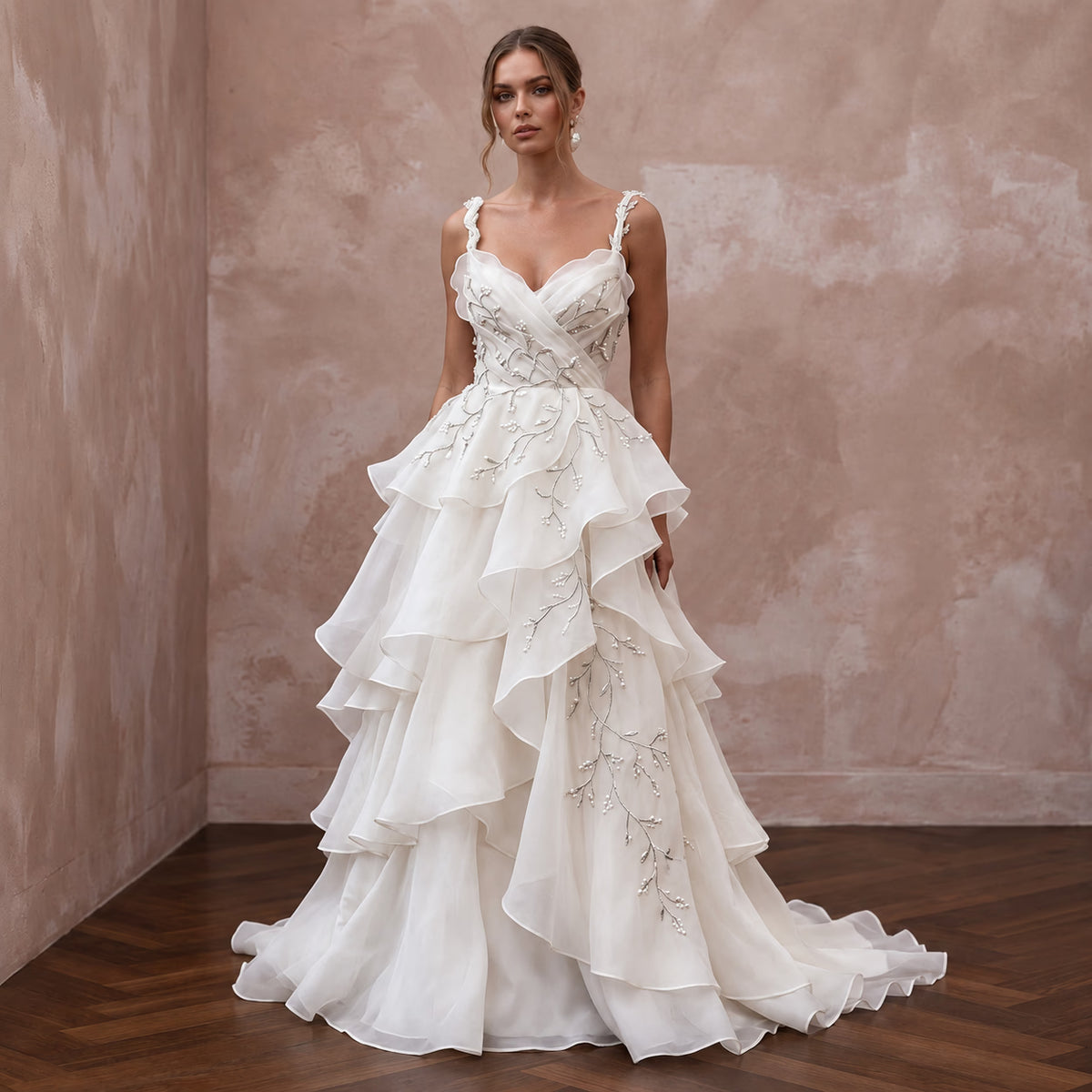Dreamy Ivory Ruffled Organza Wedding Dress for Rehearsal Dinner Dance