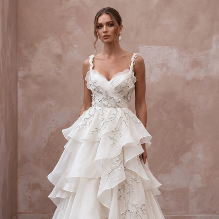 Dreamy Ivory Ruffled Organza Wedding Dress for Rehearsal Dinner Dance