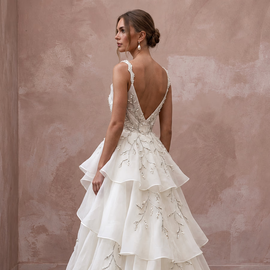 Dreamy Ivory Ruffled Organza Wedding Dress for Rehearsal Dinner Dance