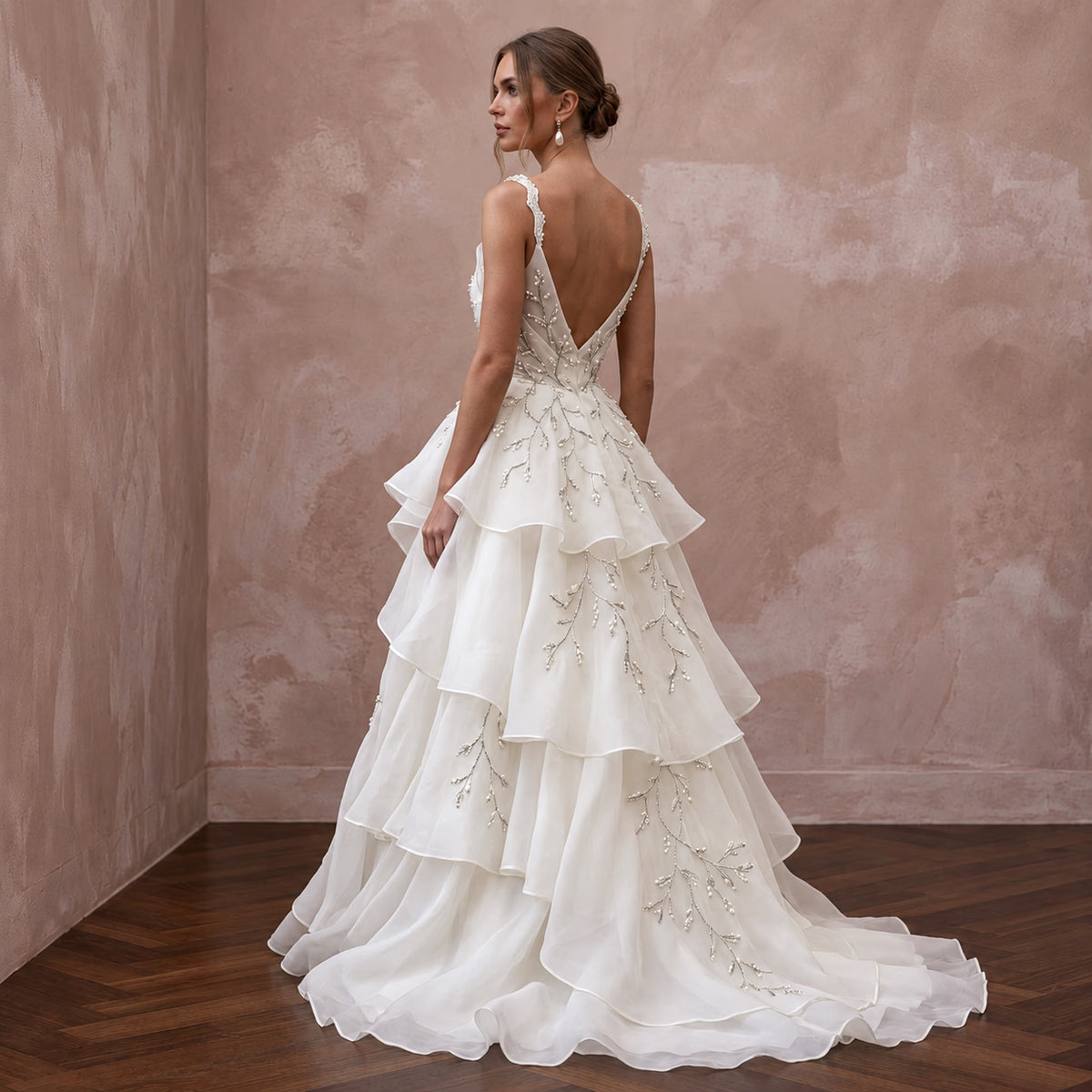 Dreamy Ivory Ruffled Organza Wedding Dress for Rehearsal Dinner Dance