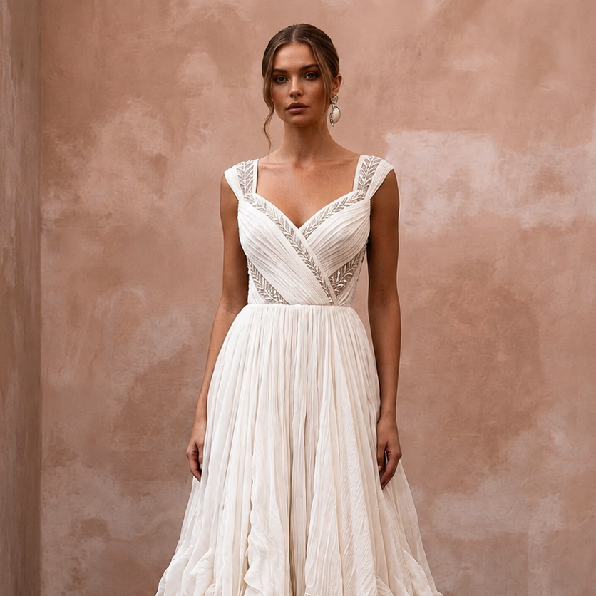 Dreamy Off - White Crinkled Silk Chiffon Dress for Anniversary - Apparel & Accessories > Clothing > Wedding & Bridal Party Dresses > Wedding Dresses - Mignonette Bridal