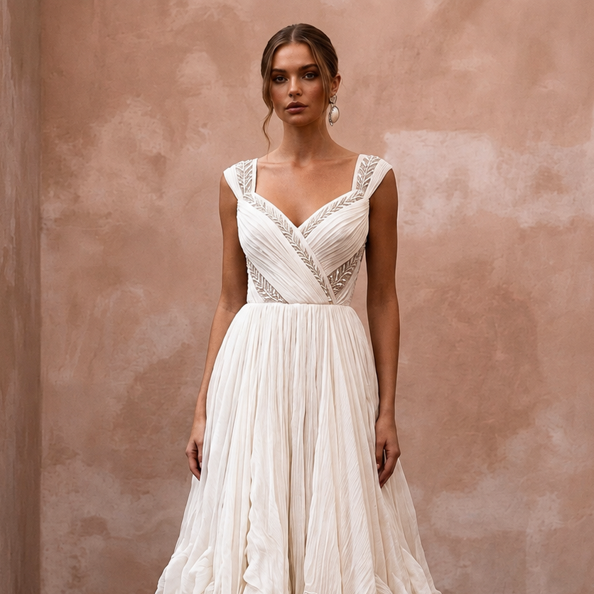 Dreamy Off-White Crinkled Silk Chiffon Dress for Anniversary