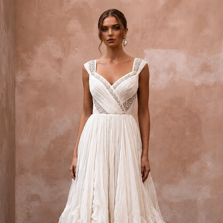 Dreamy Off-White Crinkled Silk Chiffon Dress for Anniversary