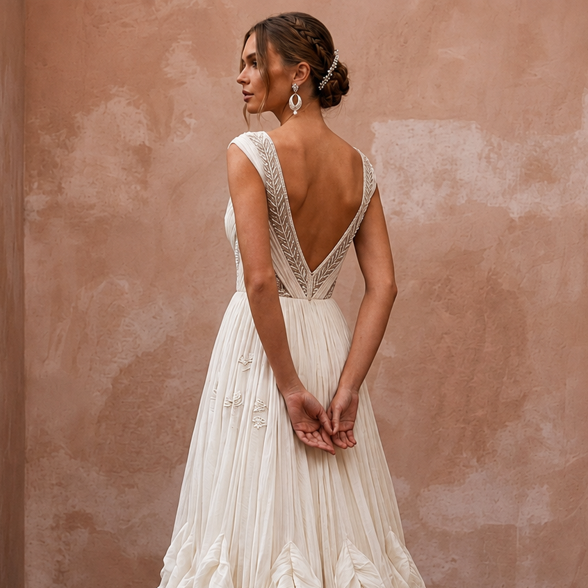 Dreamy Off-White Crinkled Silk Chiffon Dress for Anniversary