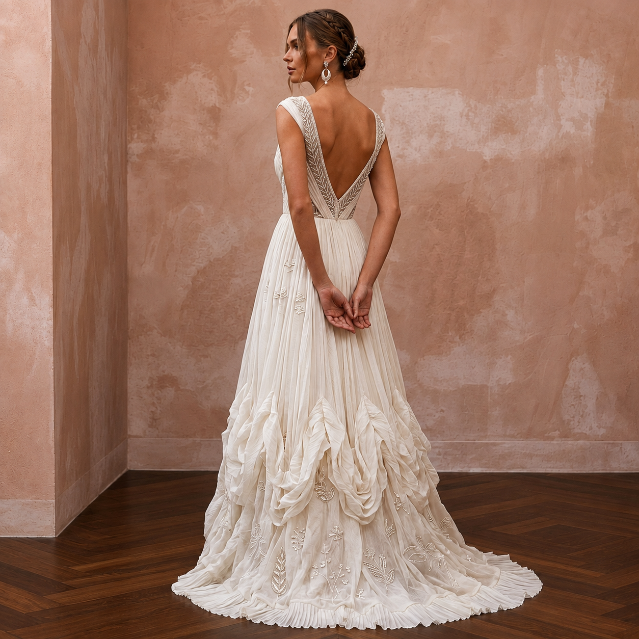 Dreamy Off-White Crinkled Silk Chiffon Dress for Anniversary