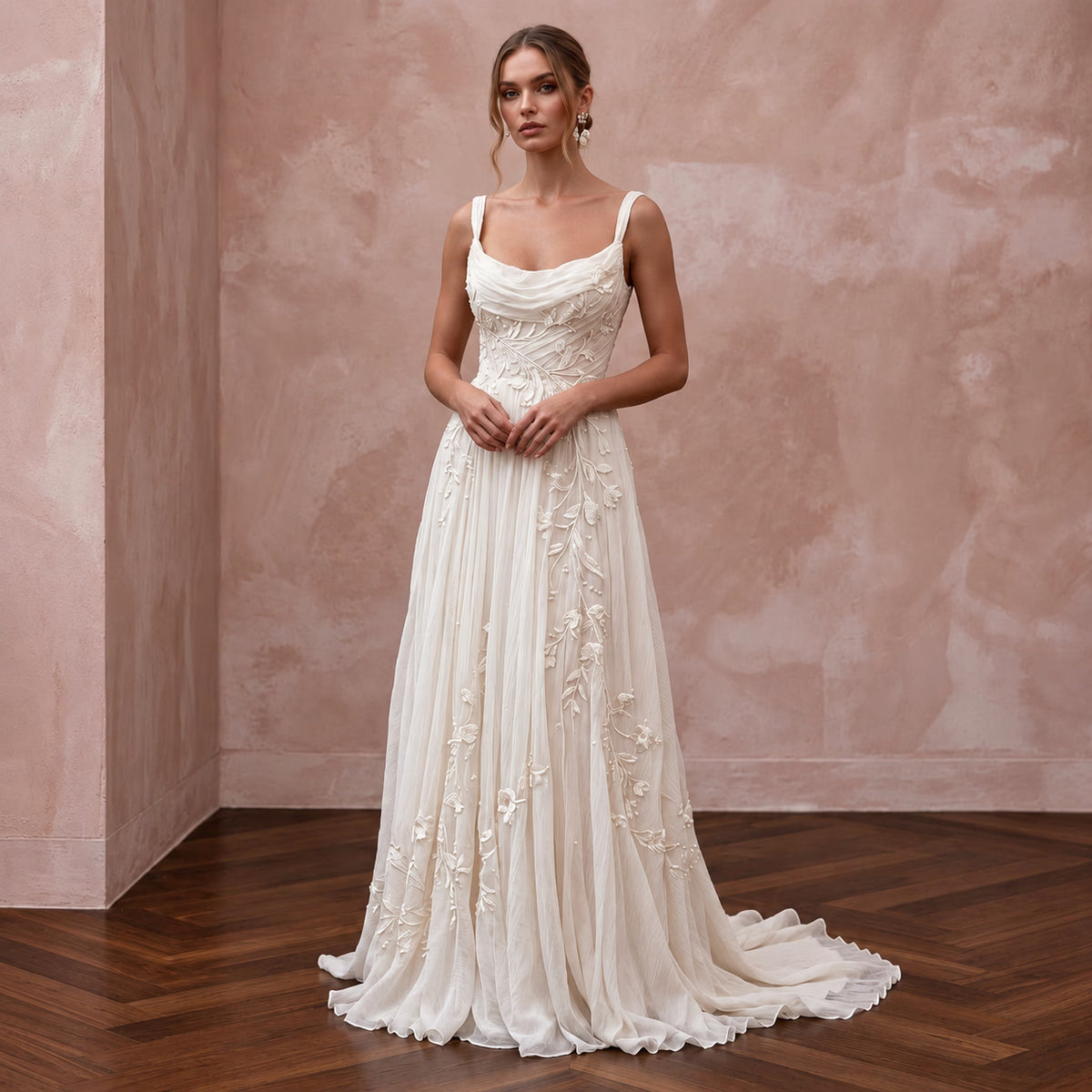 Dreamy Off - White Crinkled Silk Chiffon Wedding Dress for Anniversary - Apparel & Accessories > Clothing > Wedding & Bridal Party Dresses > Wedding Dresses - Mignonette Bridal Main image