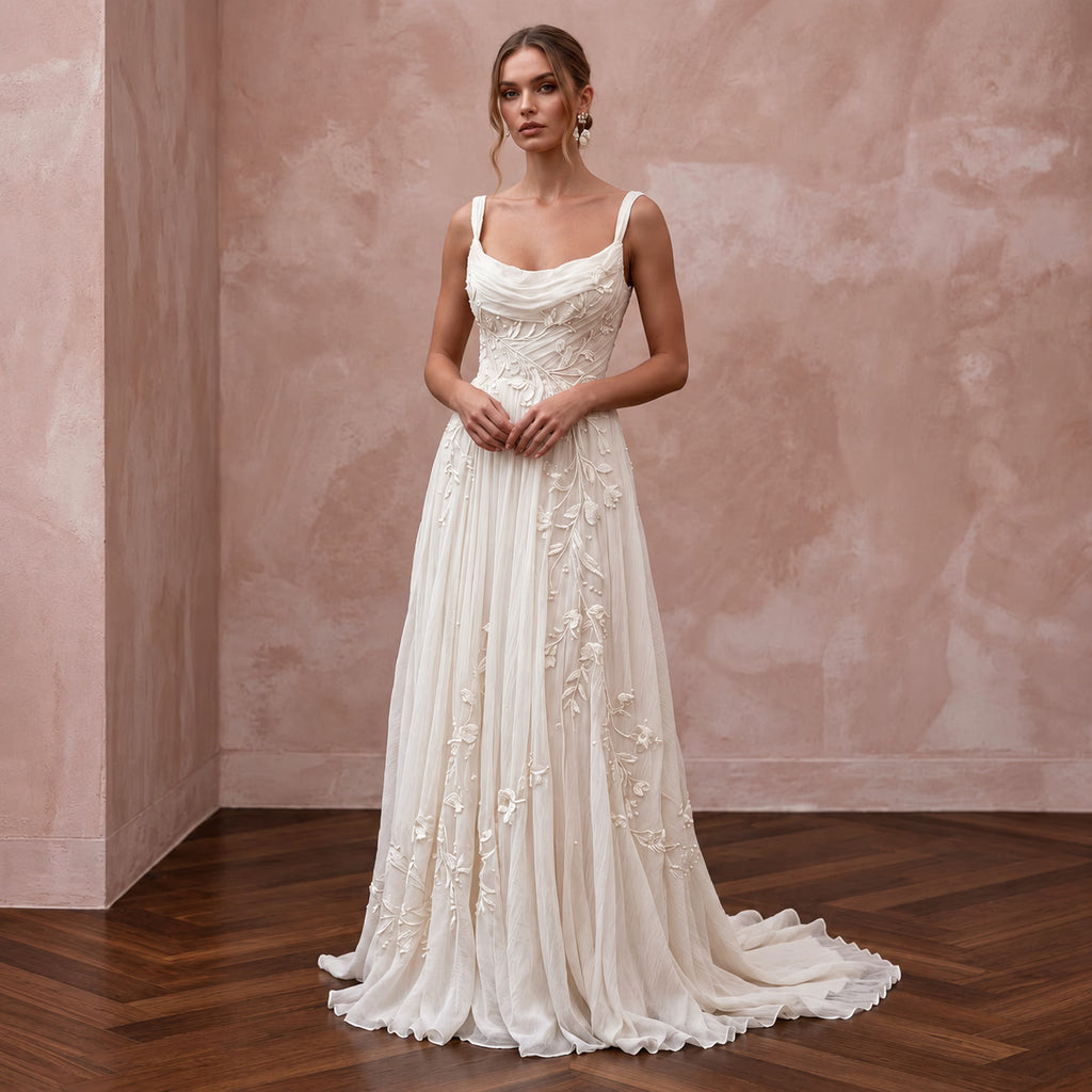 Dreamy Off-White Crinkled Silk Chiffon Wedding Dress for Anniversary