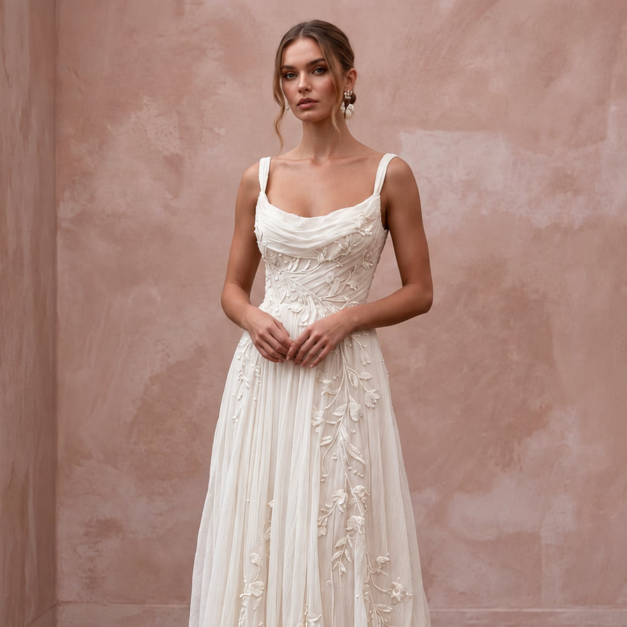 Dreamy Off-White Crinkled Silk Chiffon Wedding Dress for Anniversary