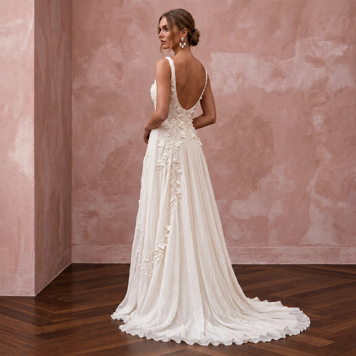 Dreamy Off-White Crinkled Silk Chiffon Wedding Dress for Anniversary