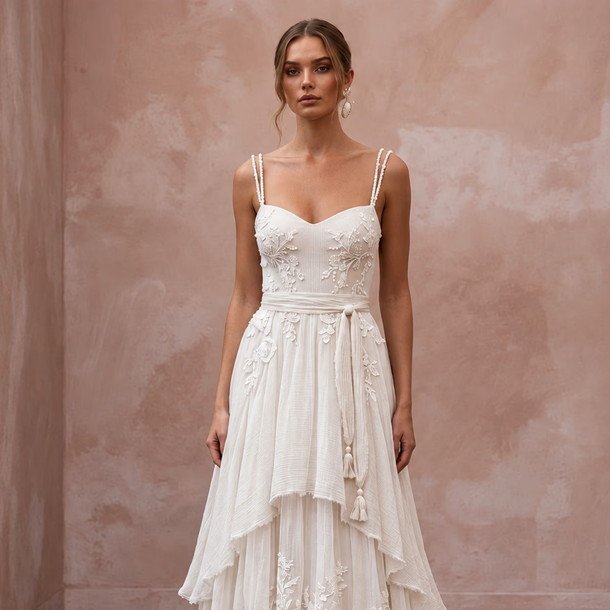 Dreamy Off-White Gauze Boho Bridal Gown for Post-Wedding Picnic