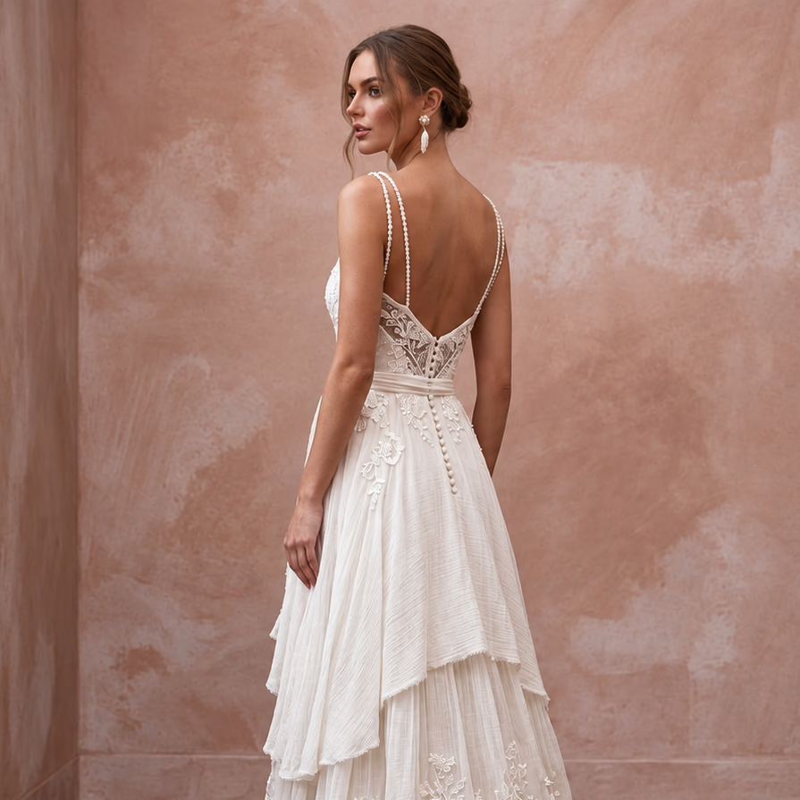 Dreamy Off-White Gauze Boho Bridal Gown for Post-Wedding Picnic
