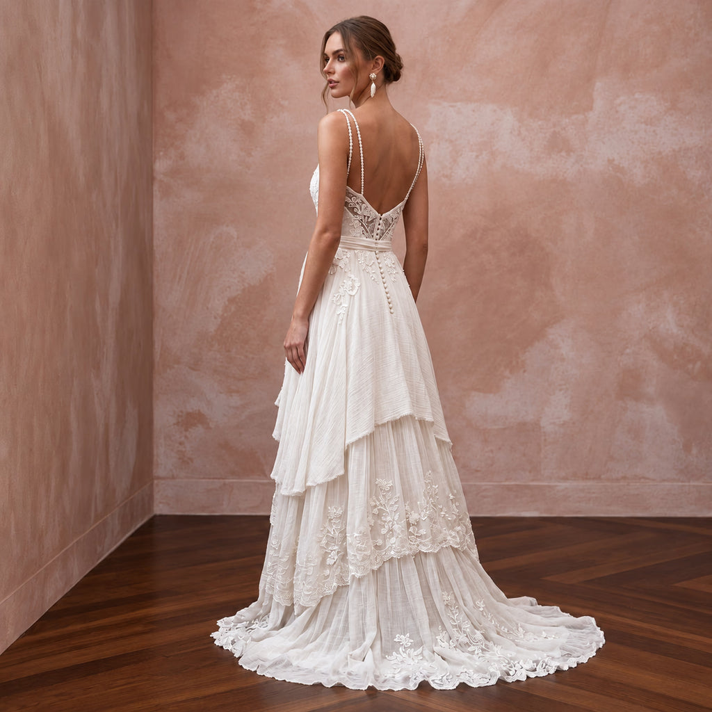 Dreamy Off-White Gauze Boho Bridal Gown for Post-Wedding Picnic