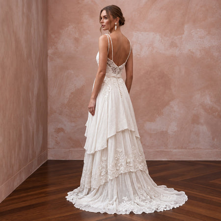 Dreamy Off-White Gauze Boho Bridal Gown for Post-Wedding Picnic
