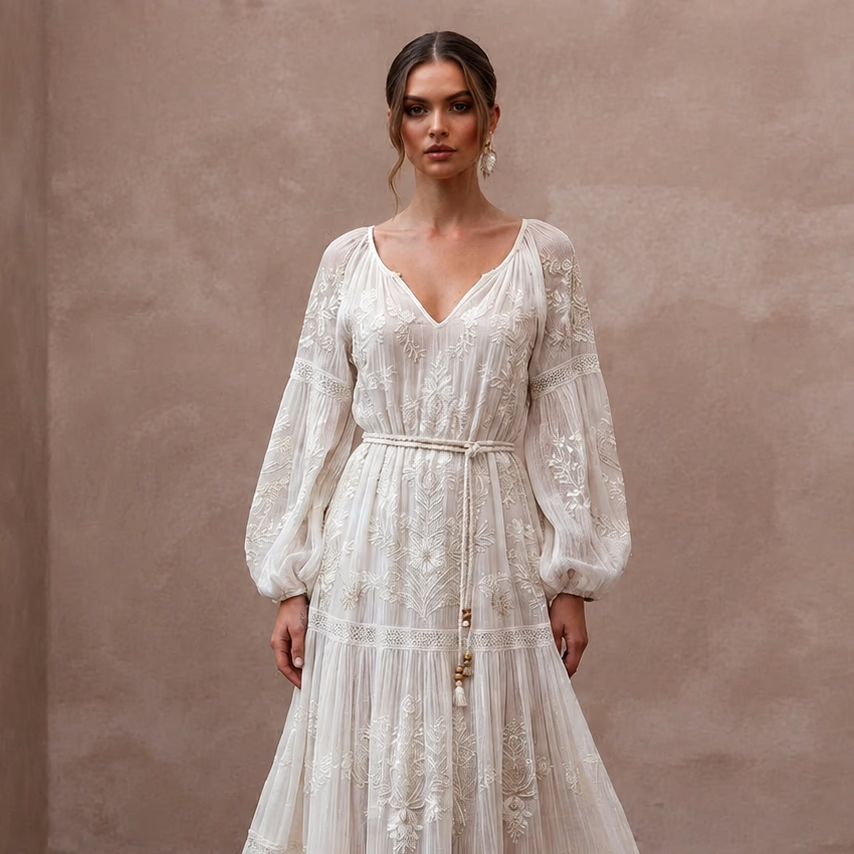 Dreamy Off - White Gauze Boho Dress for Post - Wedding Picnic - Apparel & Accessories > Clothing > Wedding & Bridal Party Dresses > Wedding Dresses - Mignonette Bridal