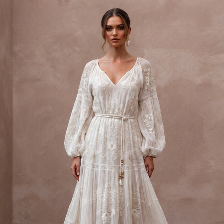 Dreamy Off - White Gauze Boho Dress for Post - Wedding Picnic - Apparel & Accessories > Clothing > Wedding & Bridal Party Dresses > Wedding Dresses - Mignonette Bridal