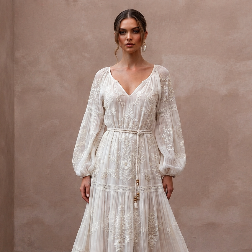 Dreamy Off-White Gauze Boho Dress for Post-Wedding Picnic