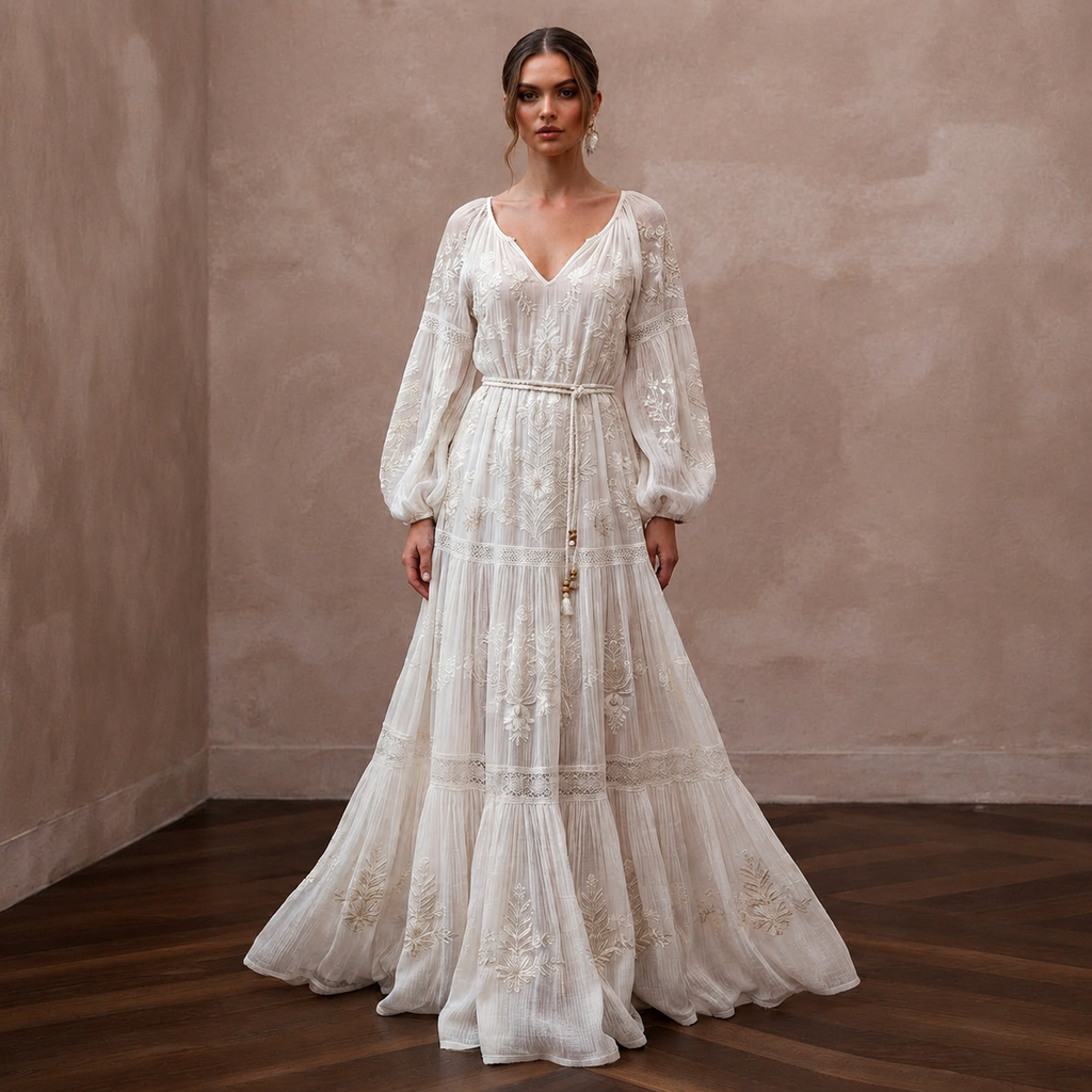 Dreamy Off-White Gauze Boho Dress for Post-Wedding Picnic
