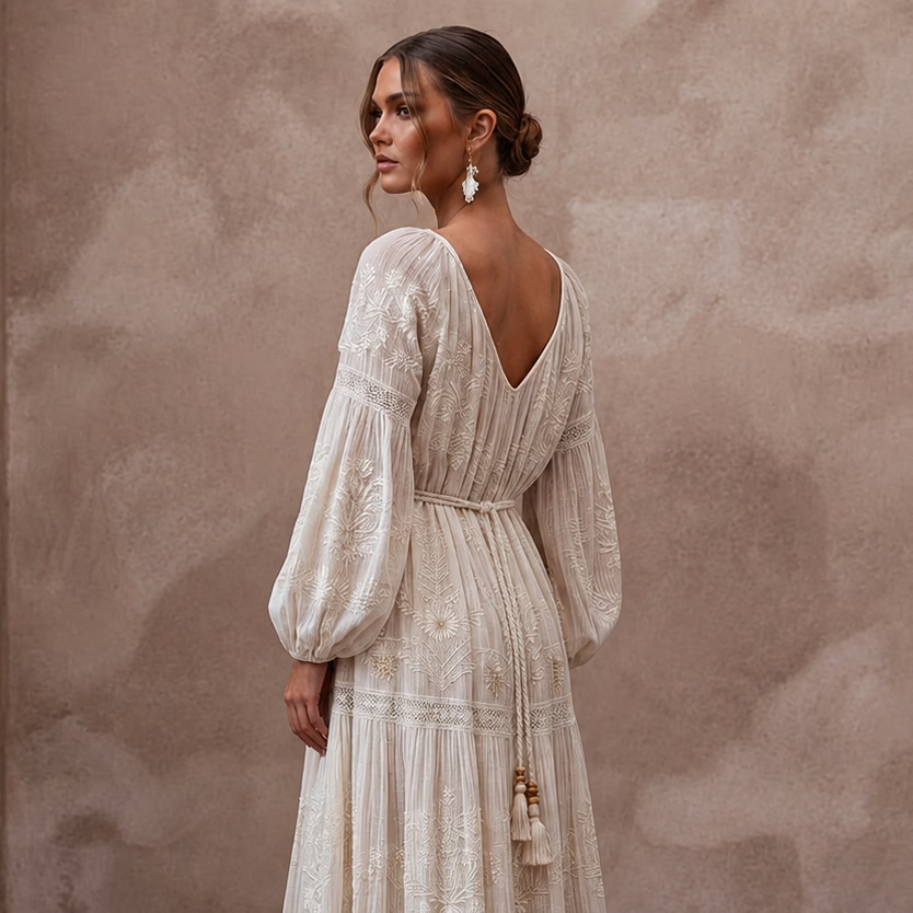 Dreamy Off - White Gauze Boho Dress for Post - Wedding Picnic - Apparel & Accessories > Clothing > Wedding & Bridal Party Dresses > Wedding Dresses - Mignonette Bridal