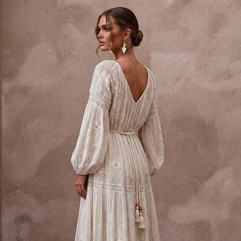 Dreamy Off-White Gauze Boho Dress for Post-Wedding Picnic