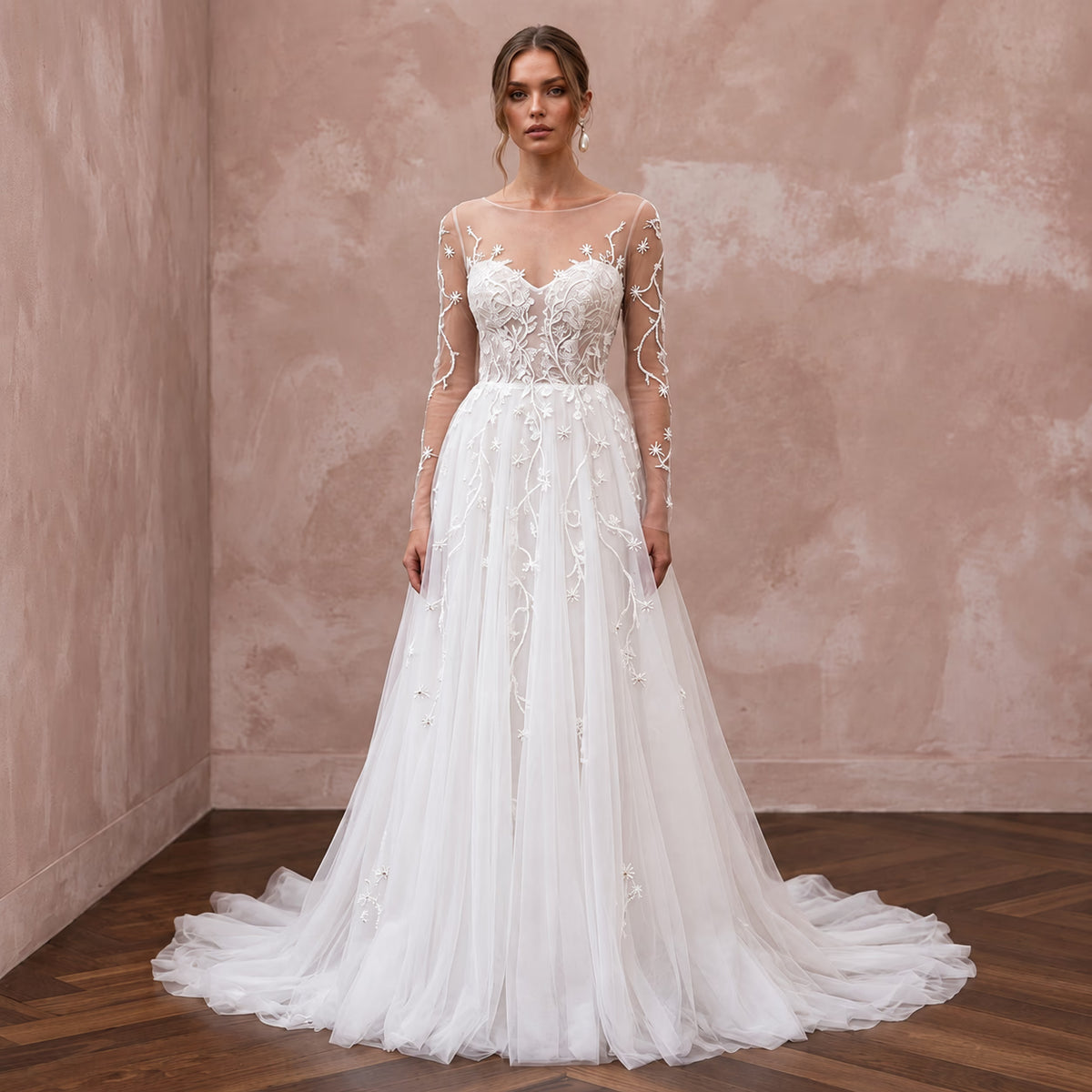 Dreamy Tulle Bridal Dress with Illusion Sleeves - Apparel & Accessories > Clothing > Wedding & Bridal Party Dresses > Wedding Dresses - Mignonette Bridal Main image