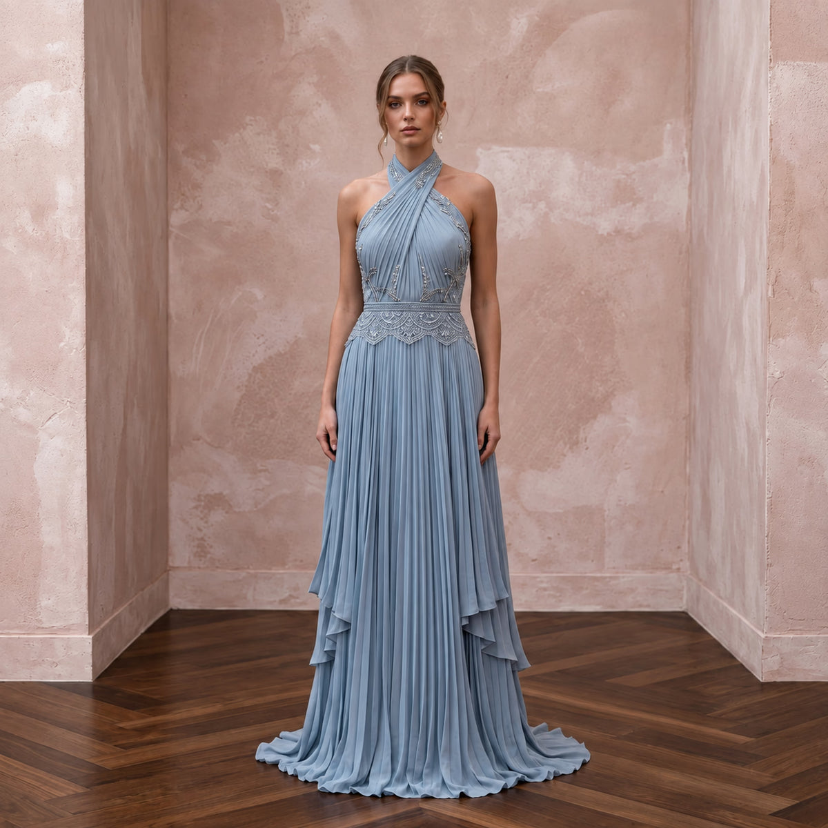 Dusty Blue Chiffon Halter Neck Pleated Evening Dress Main image
