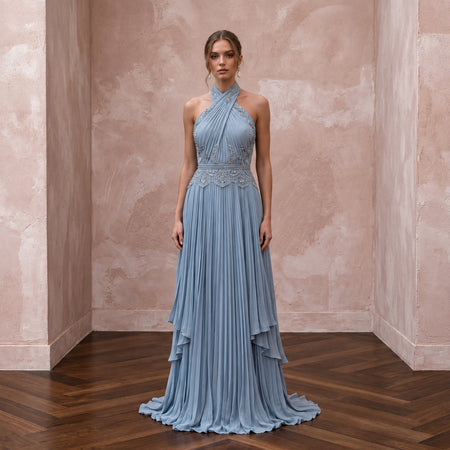 Dusty Blue Chiffon Halter Neck Pleated Evening Dress