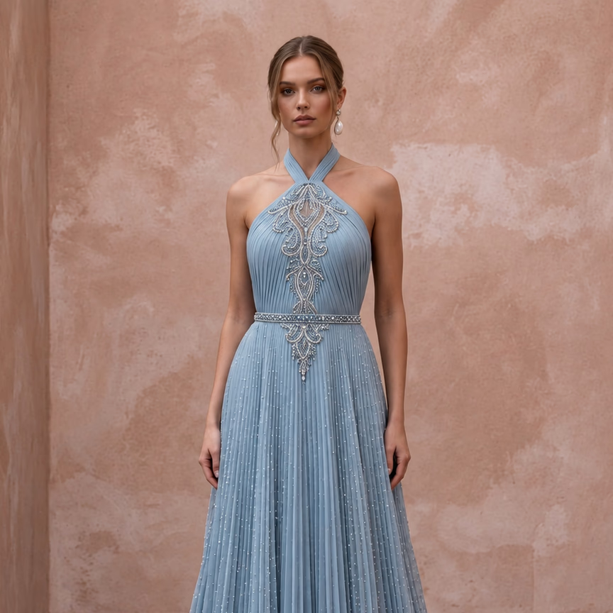 Dusty Blue Chiffon Halter Neck Pleated Evening Dress