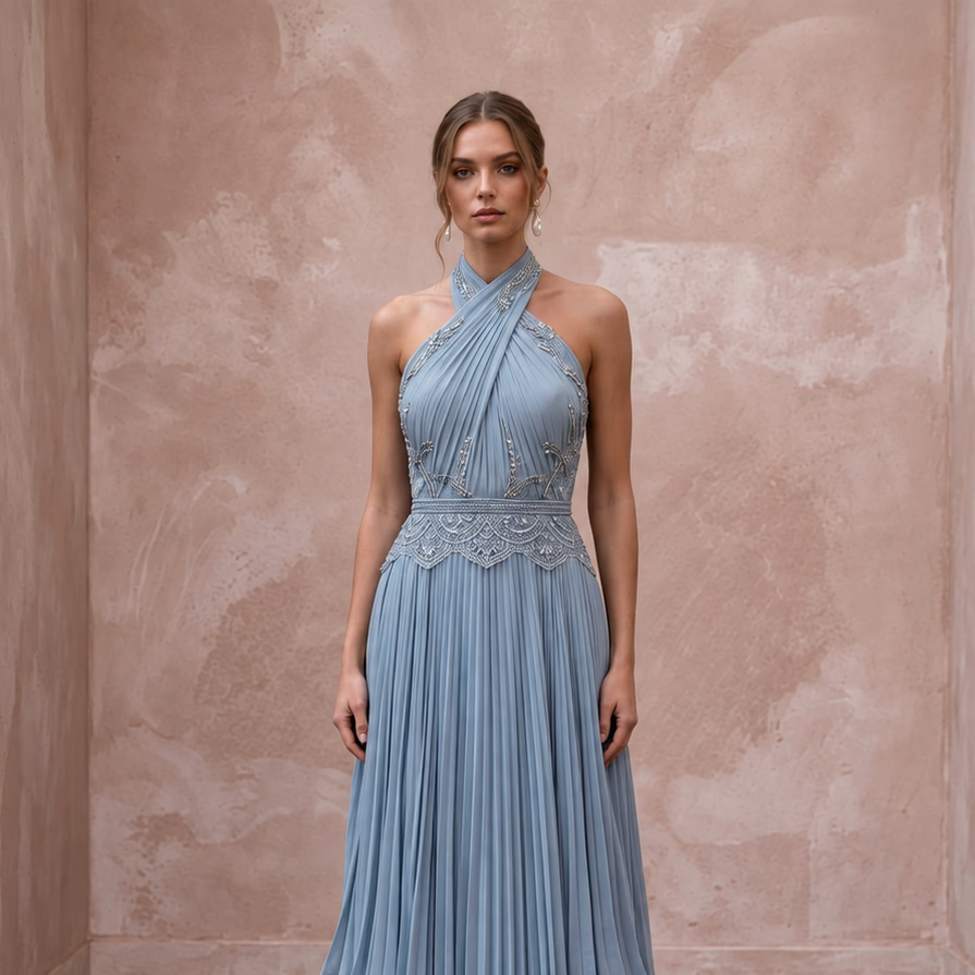 Dusty Blue Chiffon Halter Neck Pleated Evening Dress
