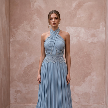 Dusty Blue Chiffon Halter Neck Pleated Evening Dress