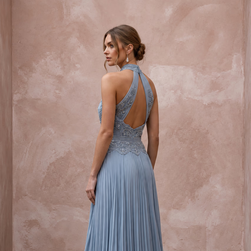 Dusty Blue Chiffon Halter Neck Pleated Evening Dress