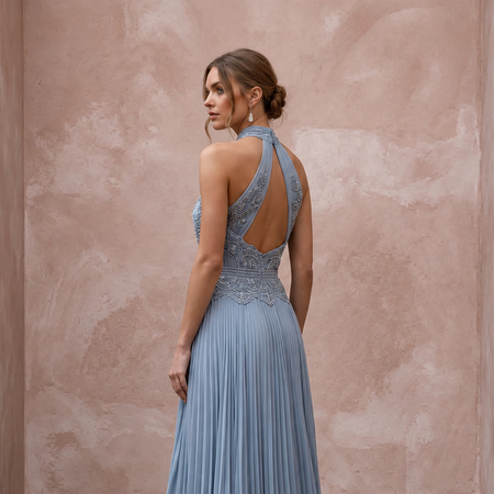 Dusty Blue Chiffon Halter Neck Pleated Evening Dress