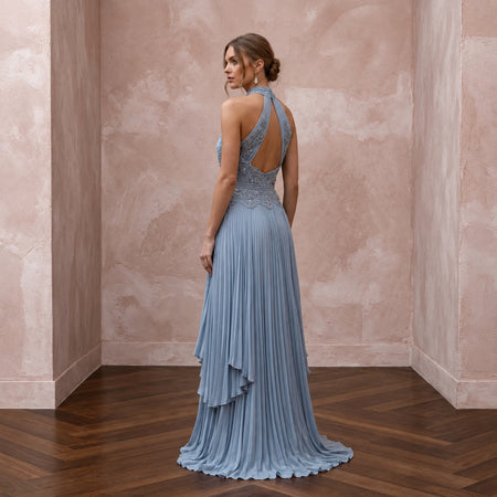 Dusty Blue Chiffon Halter Neck Pleated Evening Dress
