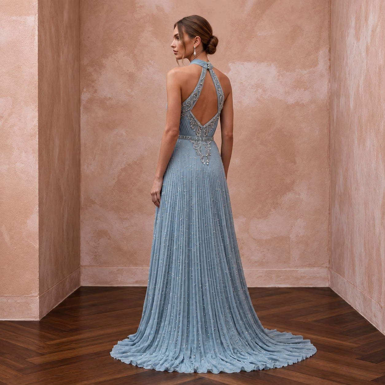 Dusty Blue Chiffon Halter Neck Pleated Evening Dress Secondary image