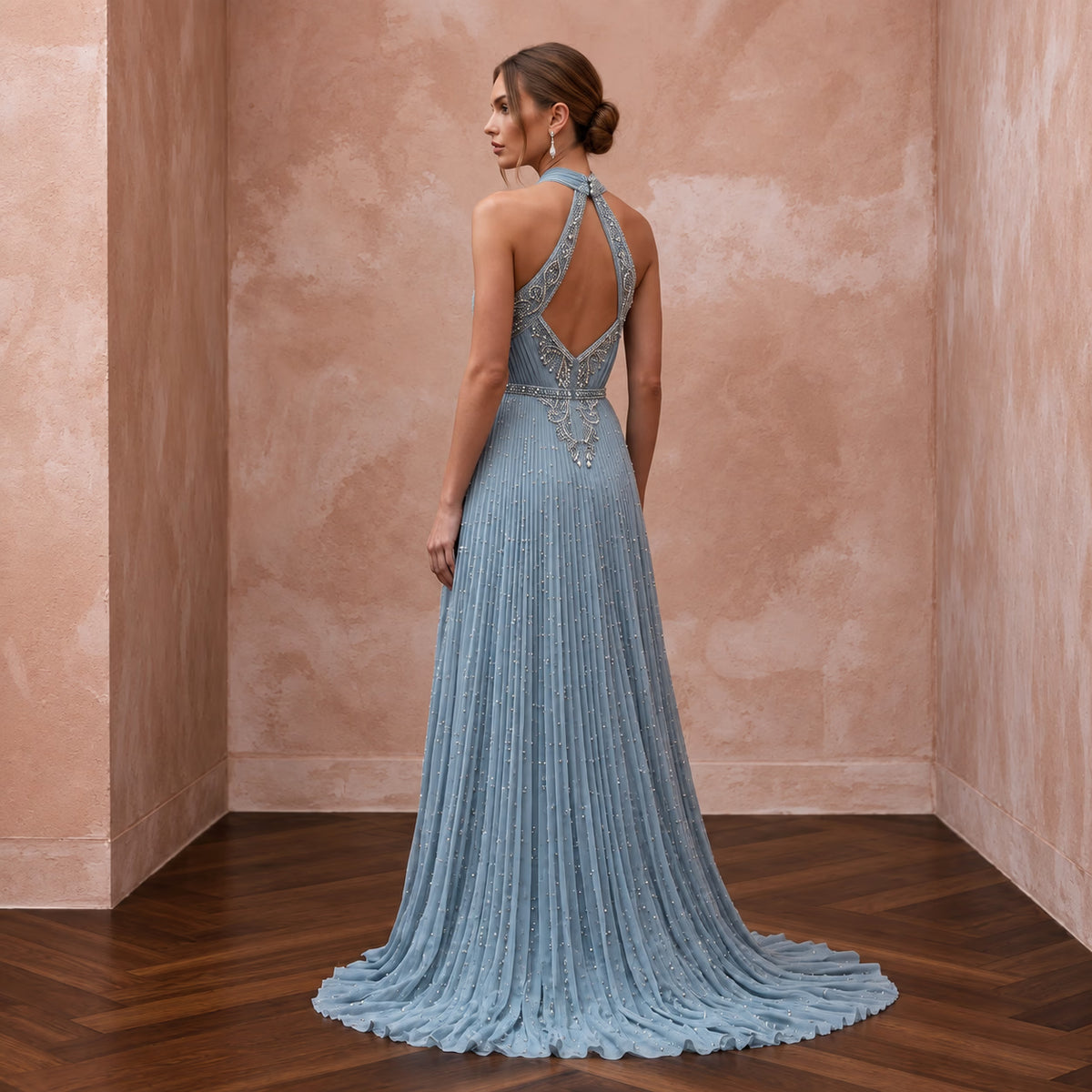 Dusty Blue Chiffon Halter Neck Pleated Evening Dress