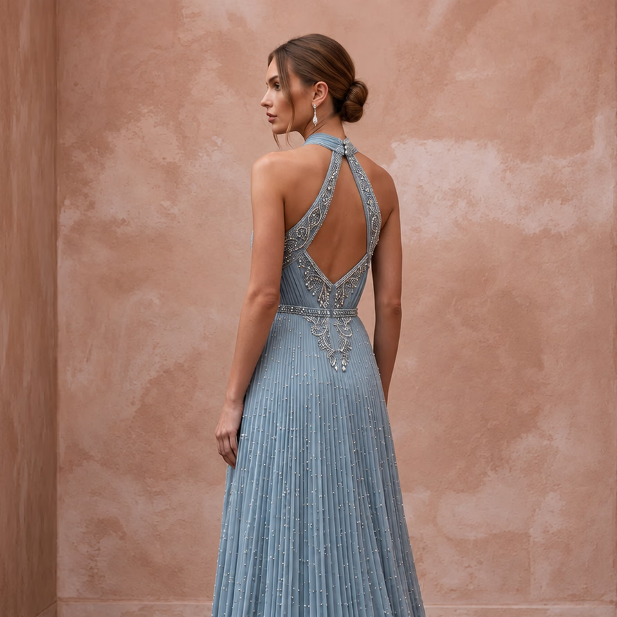 Dusty Blue Chiffon Halter Neck Pleated Evening Dress