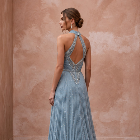 Dusty Blue Chiffon Halter Neck Pleated Evening Dress