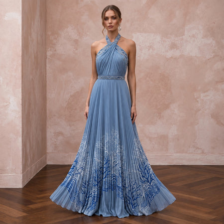 Dusty Blue Chiffon Halter Neck Pleated Evening Prom Dress - Apparel & Accessories > Clothing > Wedding & Bridal Party Dresses > Wedding Dresses - Mignonette Bridal