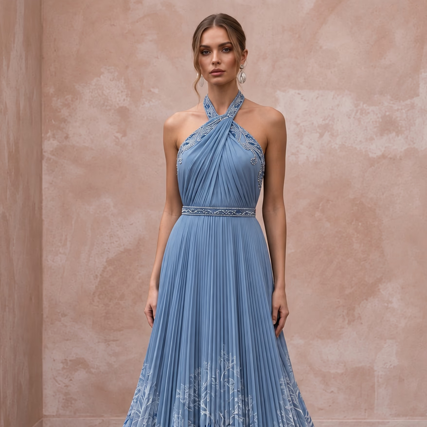 Dusty Blue Chiffon Halter Neck Pleated Evening Prom Dress - Apparel & Accessories > Clothing > Wedding & Bridal Party Dresses > Wedding Dresses - Mignonette Bridal