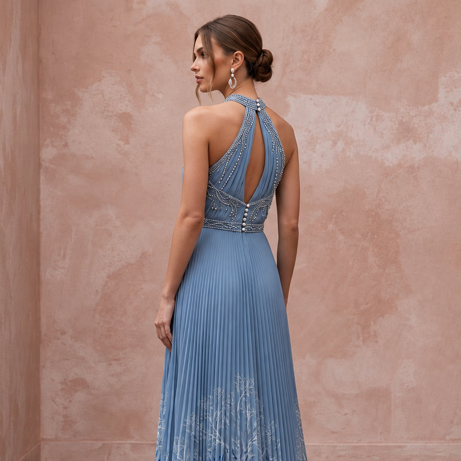 Dusty Blue Chiffon Halter Neck Pleated Evening Prom Dress - Apparel & Accessories > Clothing > Wedding & Bridal Party Dresses > Wedding Dresses - Mignonette Bridal