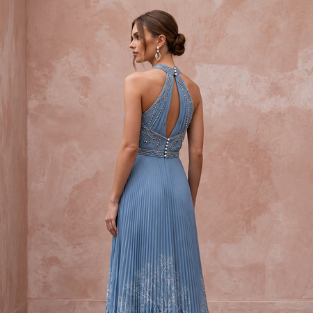 Dusty Blue Chiffon Halter Neck Pleated Evening Prom Dress - Apparel & Accessories > Clothing > Wedding & Bridal Party Dresses > Wedding Dresses - Mignonette Bridal