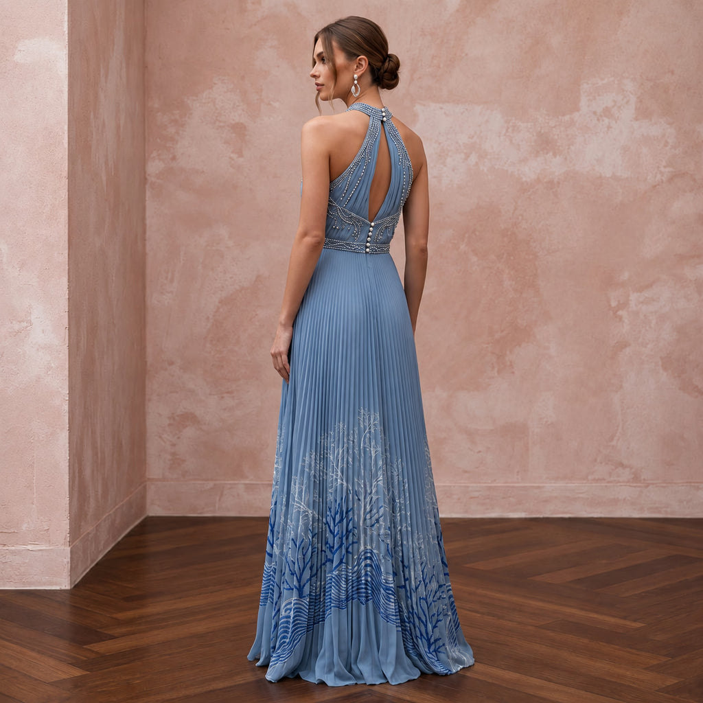 Dusty Blue Chiffon Halter Neck Pleated Evening Prom Dress - Apparel & Accessories > Clothing > Wedding & Bridal Party Dresses > Wedding Dresses - Mignonette Bridal