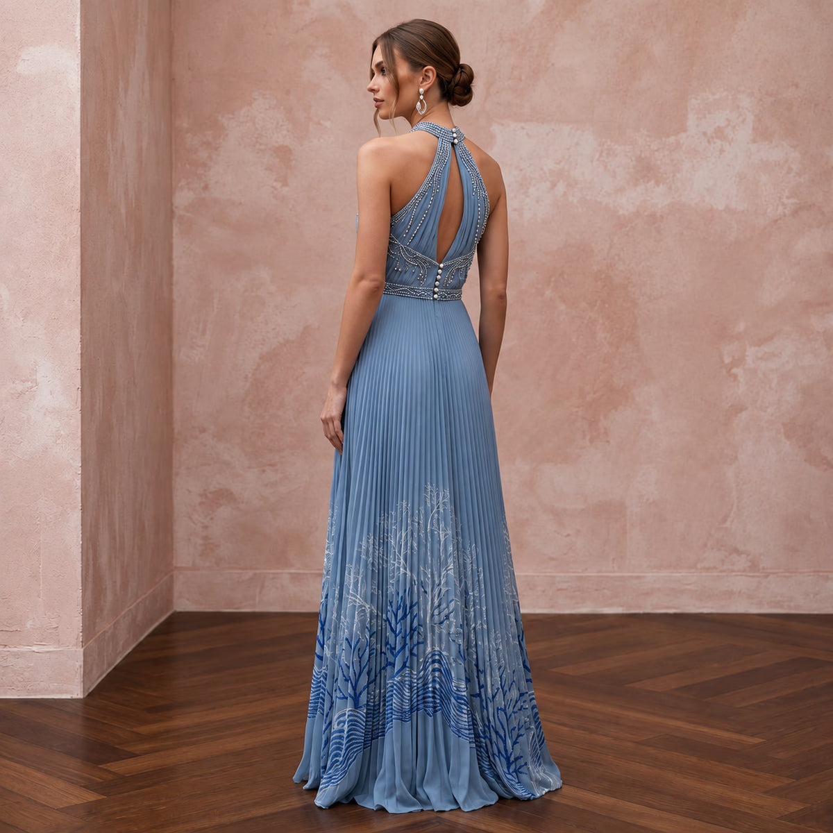 Dusty Blue Chiffon Halter Neck Pleated Evening Prom Dress - Apparel & Accessories > Clothing > Wedding & Bridal Party Dresses > Wedding Dresses - Mignonette Bridal
